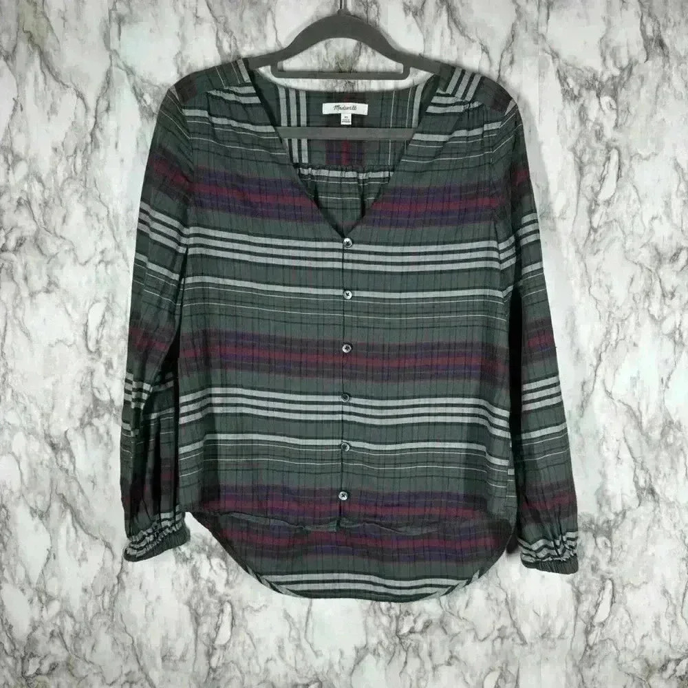 Madewell Womens Top Size XS in Green Oversized Relaxed Fit Striped